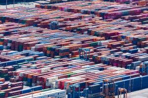 Aerial container port representing European manufacturers eyeing Brazil